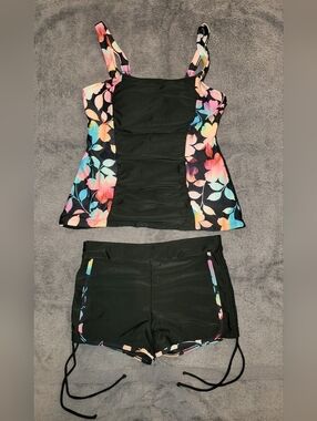 Black Floral-Panel Tankini Top & Swim Shorts